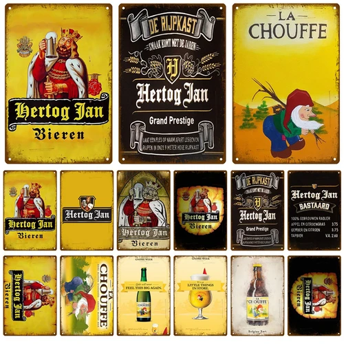 La Chouffe 레트로 Hertog Jan 금속 사인 주석 사인, 위스키 벨기에 맥주 플라크 금속 벽 장식, 빈티지 장식 포스터 플레이트, 남자 동굴 