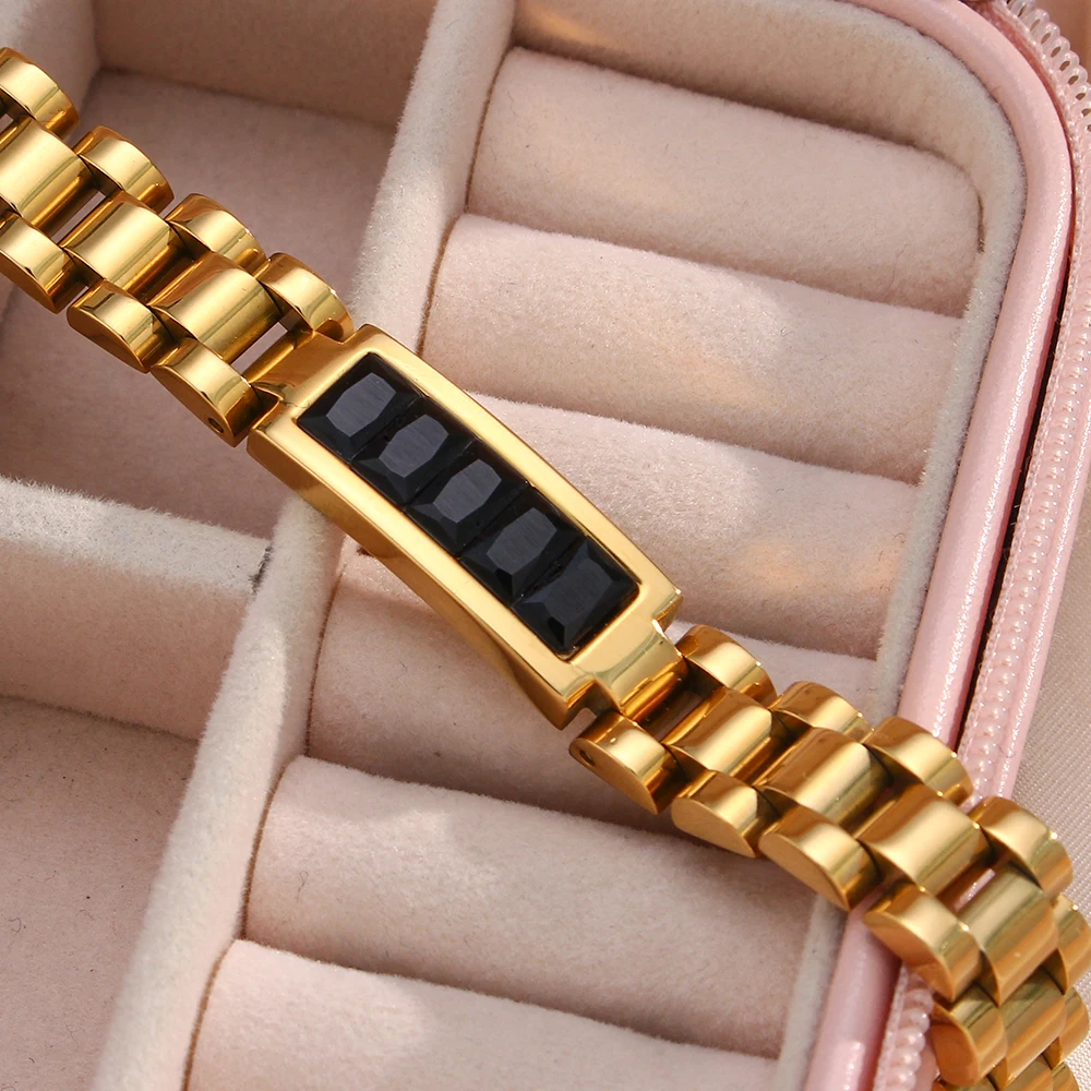 2023 Oringinal Design Green Black White 3A Zircon Paved Watchband Wrist Bracelets For Women Stainless Steel Gold Plated Bangles