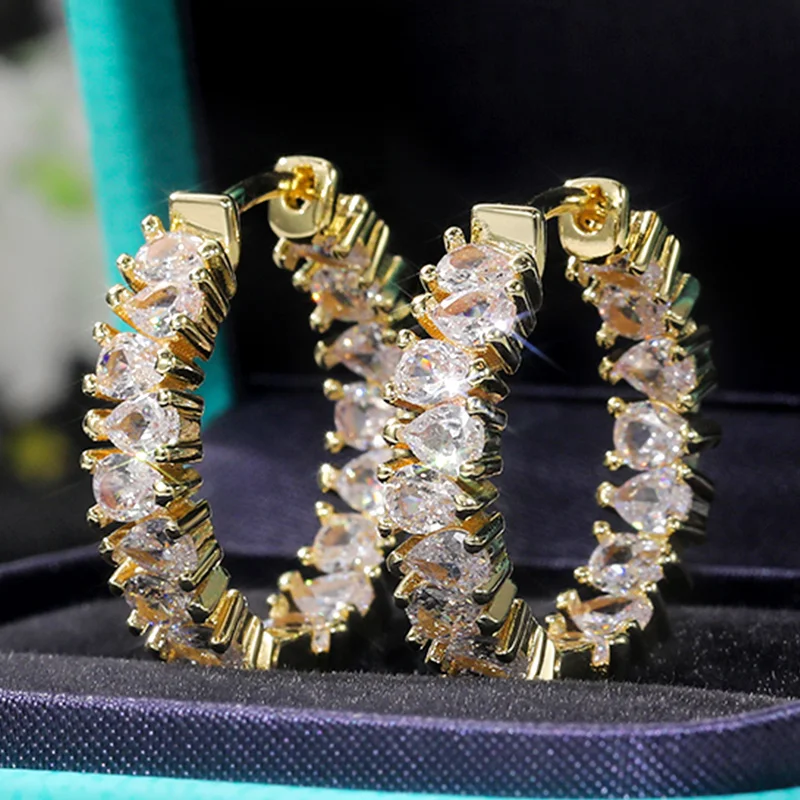 Huitan Brilliant Pear-shaped CZ Hoop Earrings for Women Crystal Cubic Zircon Stylish Female Accessories Versatile Trendy Jewelry