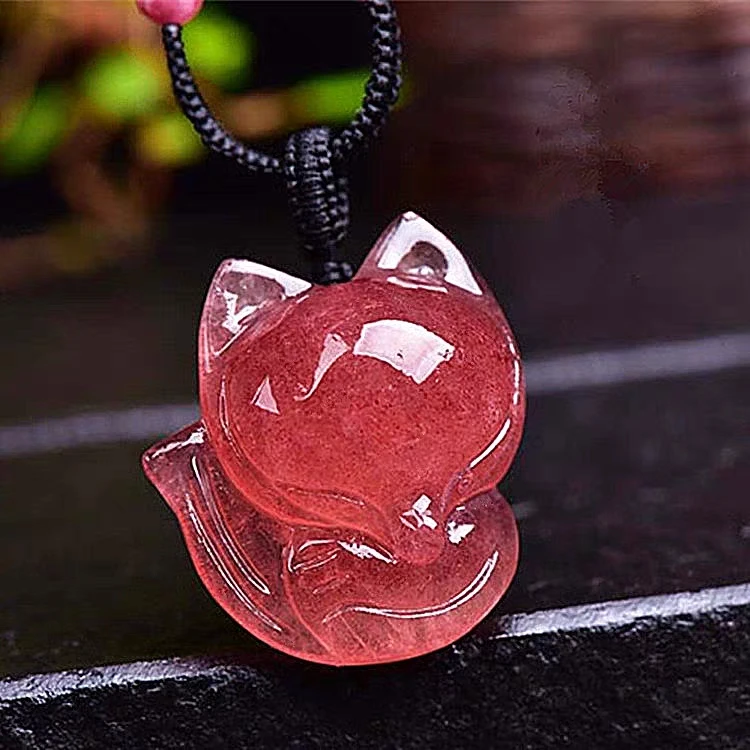 Natural Red Ice Strawberry Quartz Fox Carved Pendant Necklace Women Crystal Healing 23x16mm Fashion Pendant Jewelry AAAAA