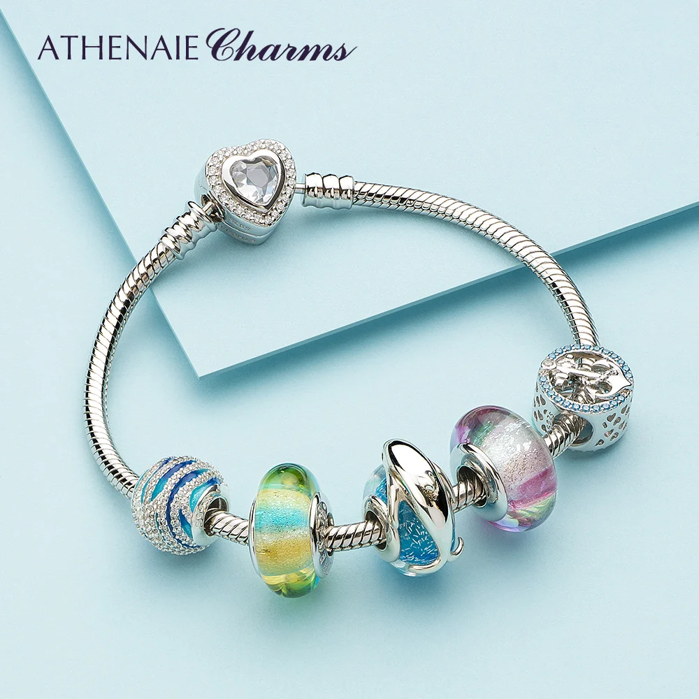 ATHENAIE Authentic 925 Sterling Silver Luxury Rainbow Dolphin Bay Charms Bracelet with Murano Glass Beads for Women Summer Gift