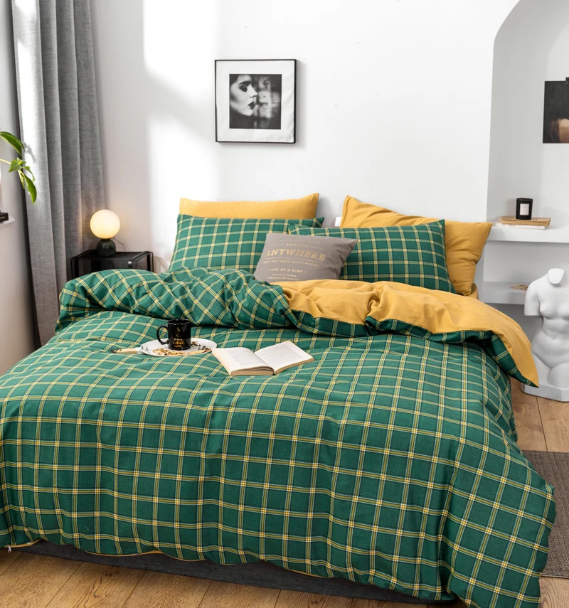 

Bedding Set Queen Size AB Side Plaid Bed Sheets And Pillowcases 100% Cotton