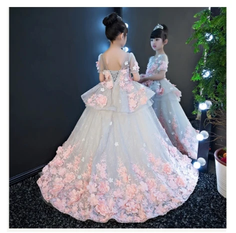 Real Picture New Luxury Flower Girls Dress Princess Dress Lace 3D Flowers Applique Puffy Tulle Kids Birthday Gown costume