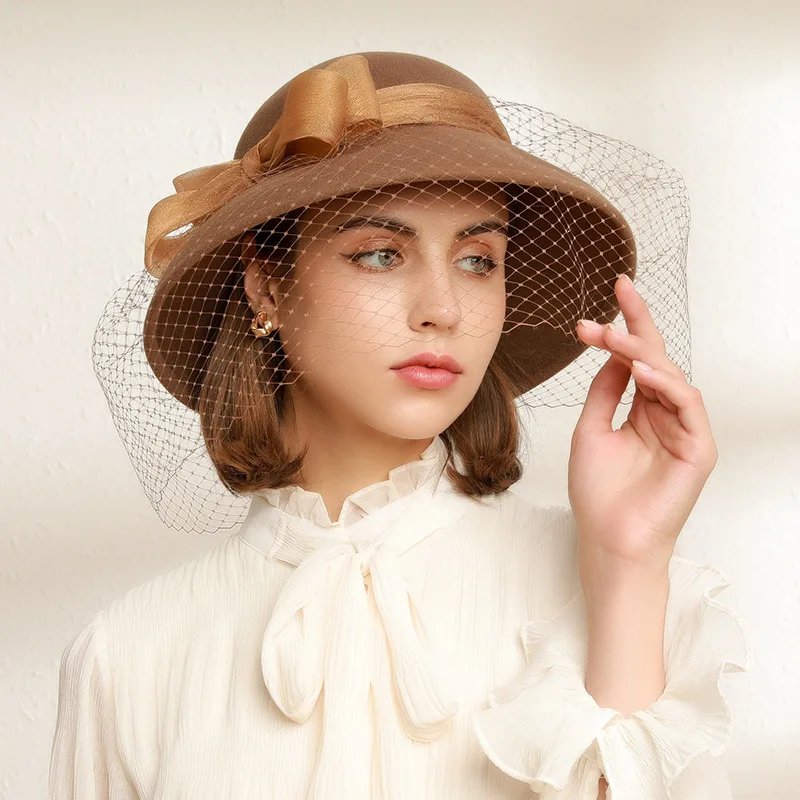 Women Wool Felt Hat Ladies Wide Brim Hat Autumn Winter Noble Elegant Girls Fashion Party Cap Bucket Hats Gauze Decoration