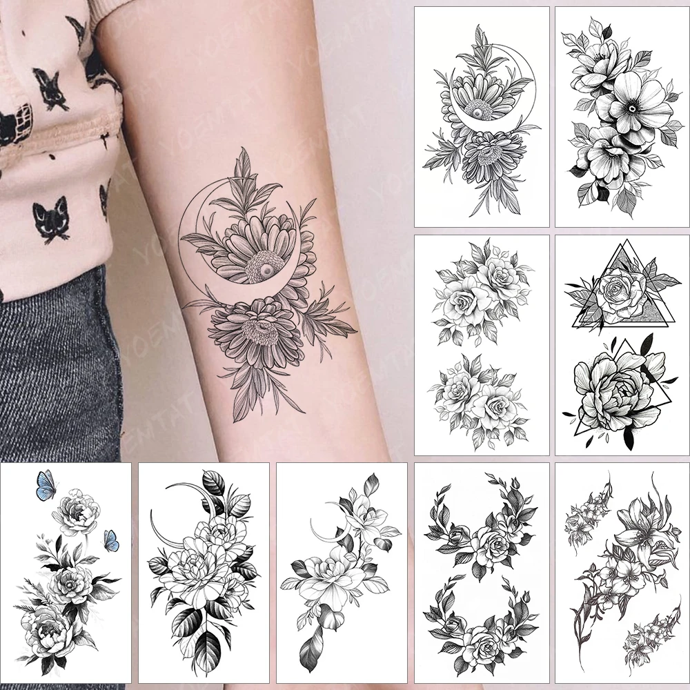 

Waterproof Temporary Tattoo Sticker Black Arm Wrist Simple Line Daisy Flowers Moon Flash Tatoo Fake Tatto For Body Art Women Men