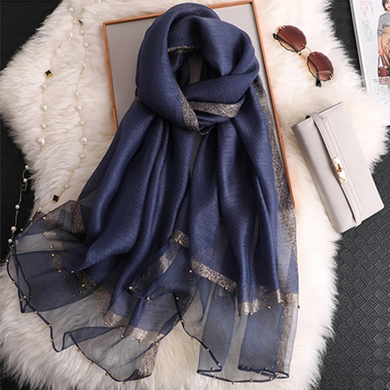 2024 New Summer Silk Scarf For Women Long Size Pashmina Lady Shawl Female Wraps Bandana Foulard Hijabs Solid Soft Beach Stoles