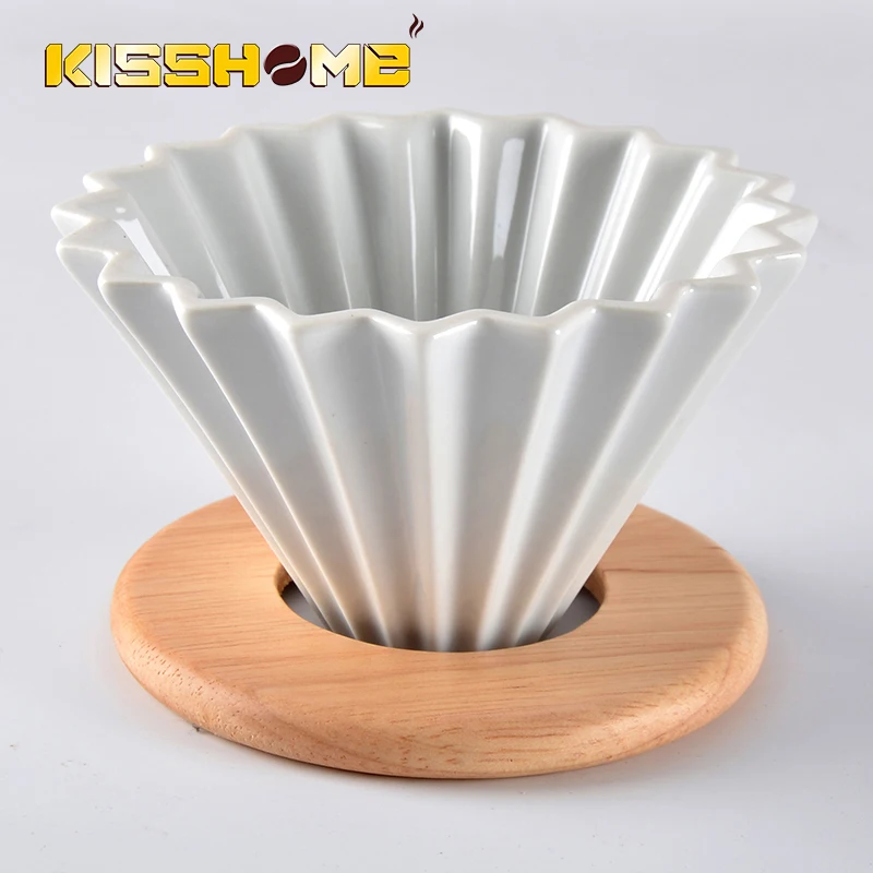 Espresso Coffee Filter and Wooden Tray Flowers Ceramic Coffee Filter Cup Coffee Accessories Funnel Drip Hand Cup Filter