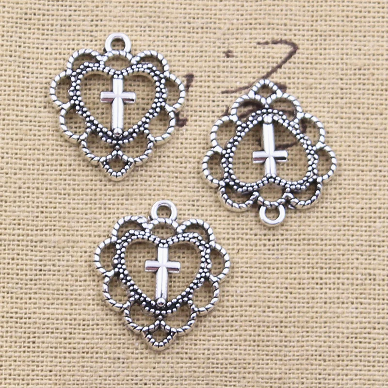 20pcs Charms Hollow Heart Cross 22x20mm Antique Silver Color Pendants DIY Crafts Making Findings Handmade Tibetan Jewelry