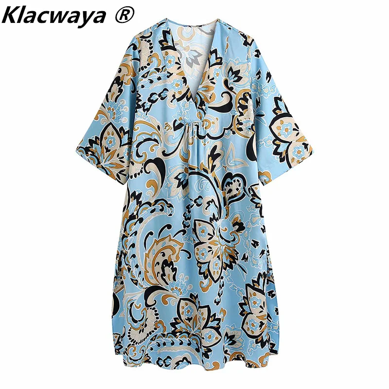 Klacwaya 2021 Women Fashion Blue Totem Print Side Vents Midi Dress Vintage V Neck Three Quarter Sleeve Female Street Dresses