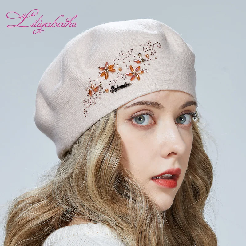 Liliyabaihe New Women's Autumn And Winter Hat Wool Knitted Berets Alphabet diamonds and colorful diamond decoration