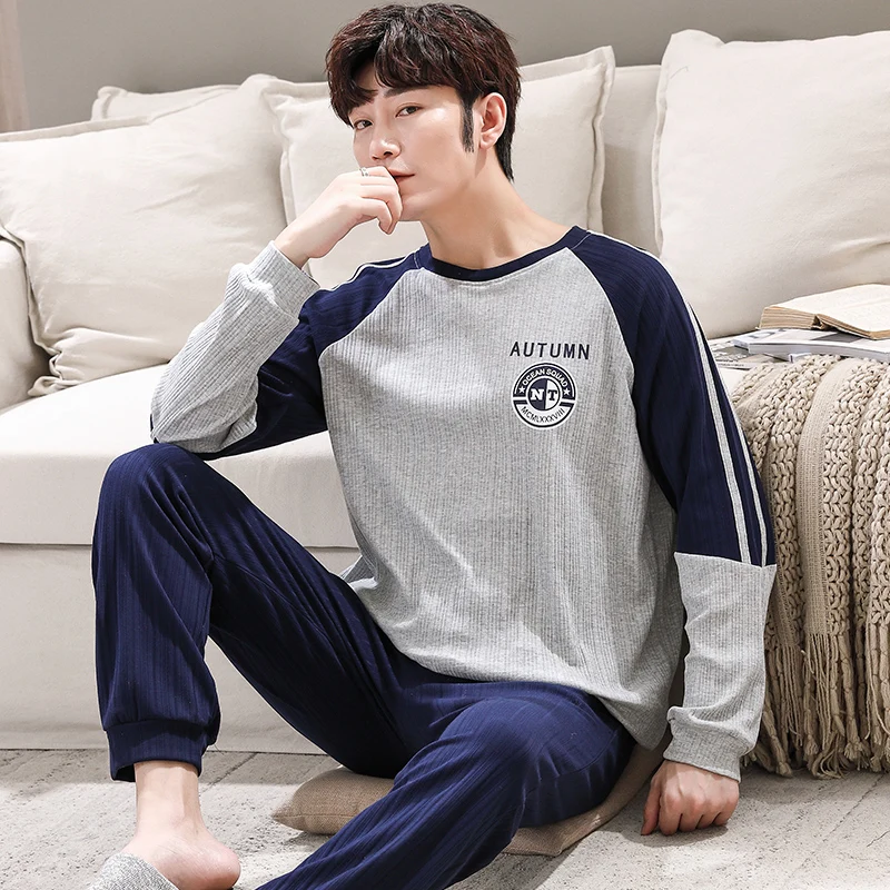 Korean Comfortable Sleepwear for Man Cotton Pajamas Suits Spring Autumn Long Sleeved Sleep Tops pants Home suits hombre Freeship