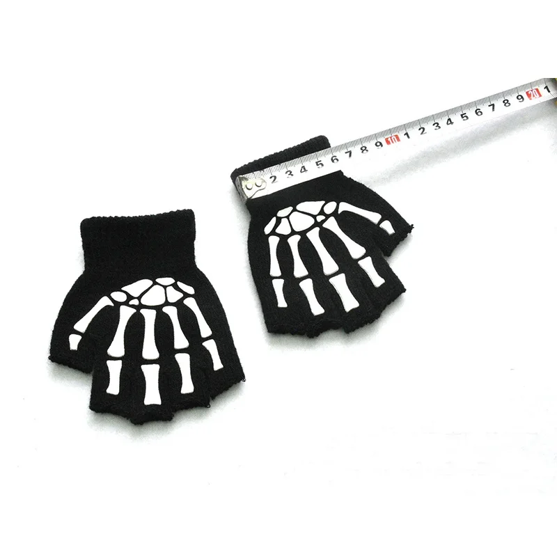 Wecute Toddler Kid Halloween Cosplay Skeleton Skull Half Finger Glove Glow in the Dark Luminou Fingerless Children Winter Mitten