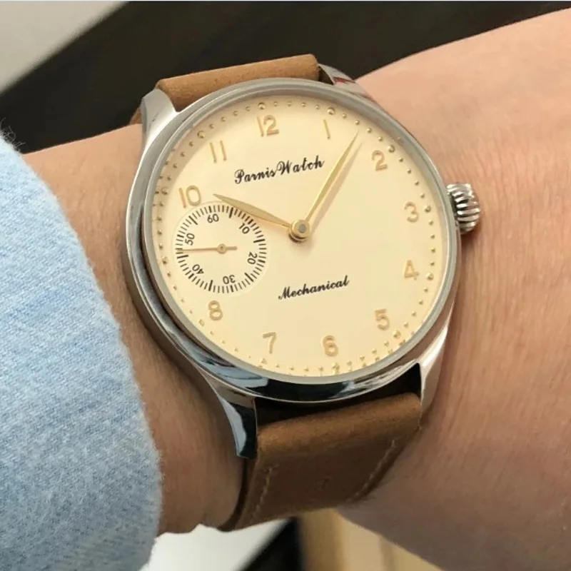 Fashion Sapphire Crystal Or Mineral Glass Watch 44mm Parnis Milk-yellow Dial Asian 6497 Mechanical Movement Men's Watches Gift