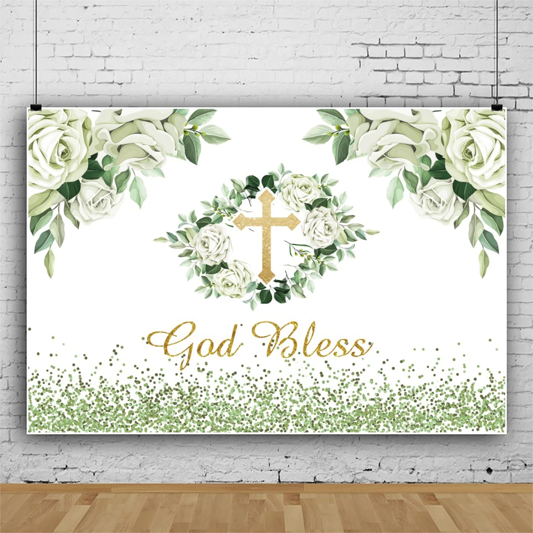 Laeacco God Bless การถ่ายภาพพื้นหลังดอกไม้ Cross สีเขียว Dot Palka ตกแต่งที่กำหนดเองฉากหลังสำหรับ Photo Studio Photozone