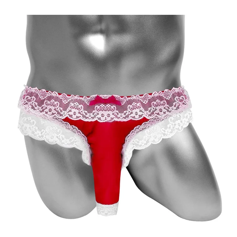 Sissy Panties With Open Penis Sheath Mens Sexy Lingerie Softy Shiny Satin Lace Floral Frilly Male Briefs Underwear