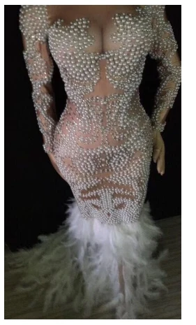 Women's Birthday Celebrate Costume Luxury long evening party dress Big Pearls Rhinestones Feather Dress Party costume