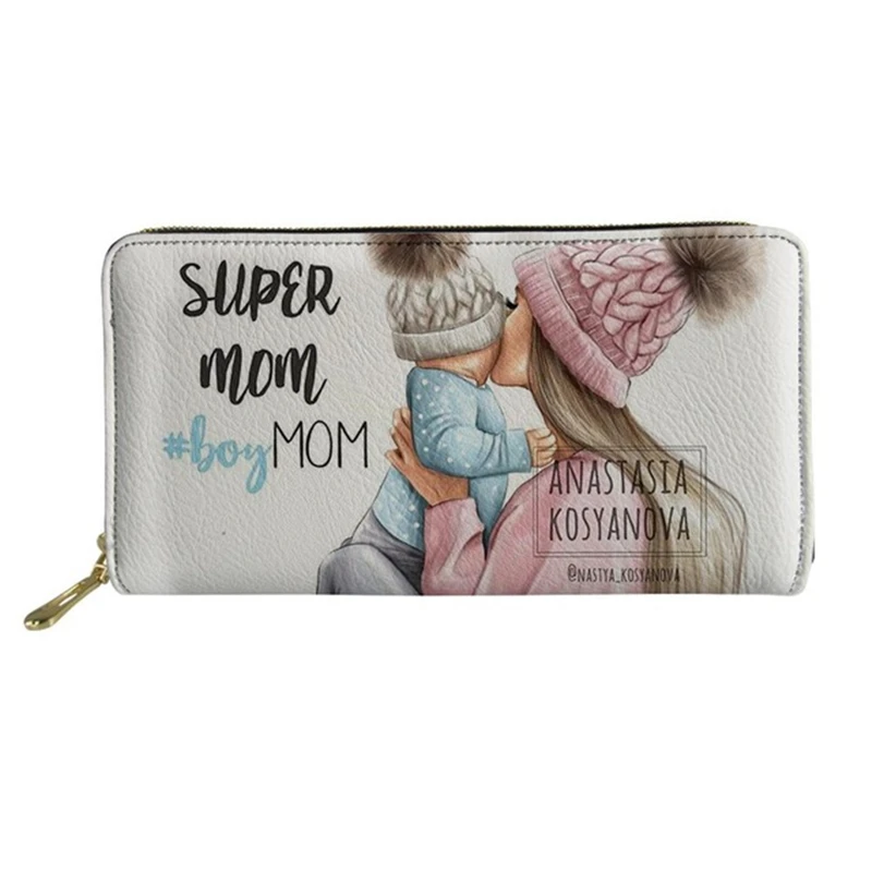 INJERSDESIGNS Super Mom&Baby Printing Leather Wallet Trendy Fashion Female Ladies Credit Card Holder Purse Money Bags for Women