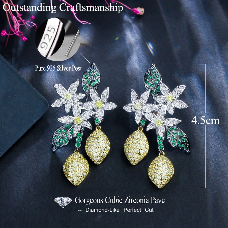 CWWZircons Einzigartiges Design Art Deco Blatt-Cluster Lange Hängende Ohrringe mit Weißen und Grünen CZ-Steinen für Damen, Abschlussball, Party, Großhandel E0430 – Detail 8