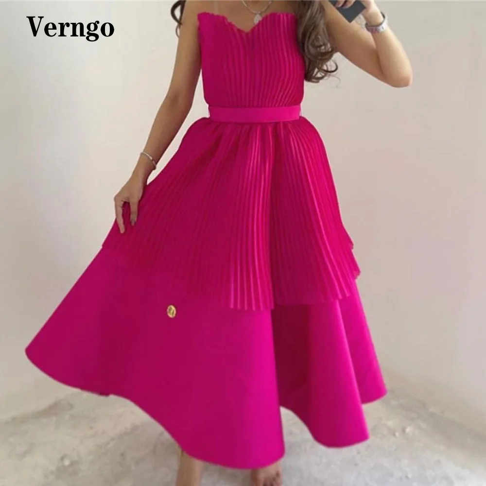 Verngo-vestido de festa com fuschisa, costas plissadas, cetim, midi, vestido de baile, oriente médio, para mulheres, vestido de festa formal