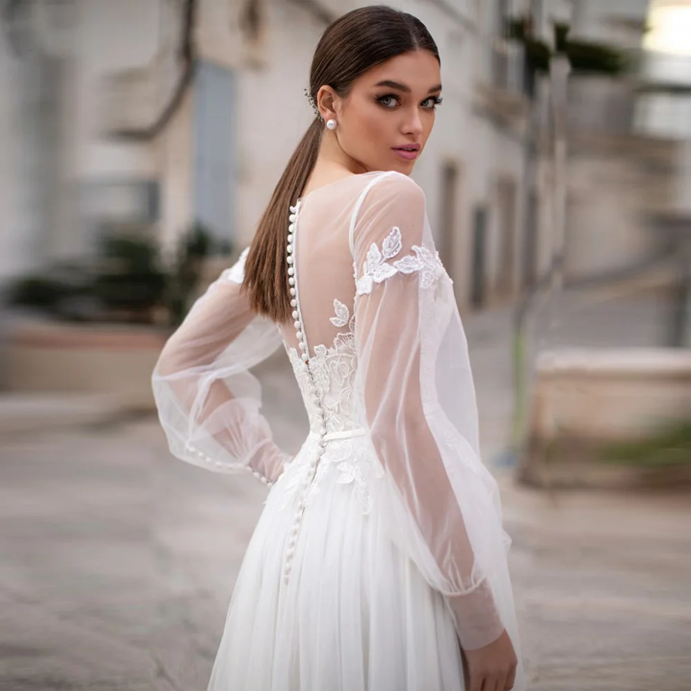 Vestidos De Boda De Princesa con mangas abullonadas, Apliques De encaje delicado, Blanco/Marfil, para boda, De talla grande