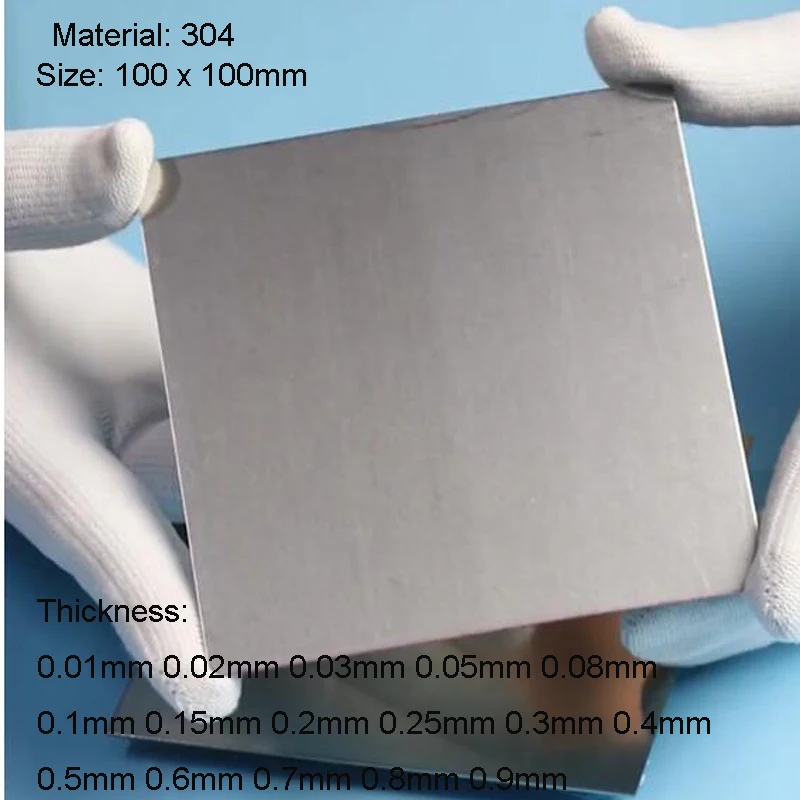 304 Stainless Steel Plate Sheet Thick 0.01 0.02 0.03 0.04 0.05 0.08 0.1 0.15-0.9mm 100x100mm