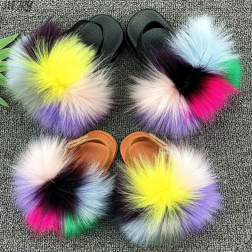 Kids Real Fox Slippers Raccoon Slides Chinelos Menina Slippers Toddler Baby Girls Shoes fox fur slides fur slides for kids