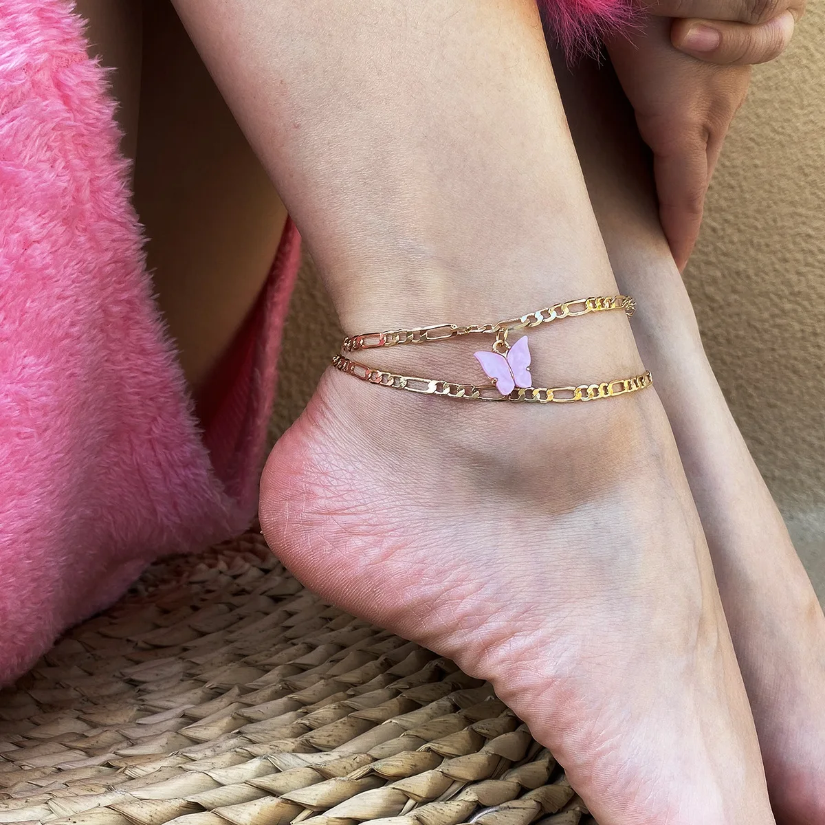 Summer Gold Color Double Deck Butterfly Tassels Anklet Foot Chain Boho Style Personality Charm Chain Anklet Jewelry for Women