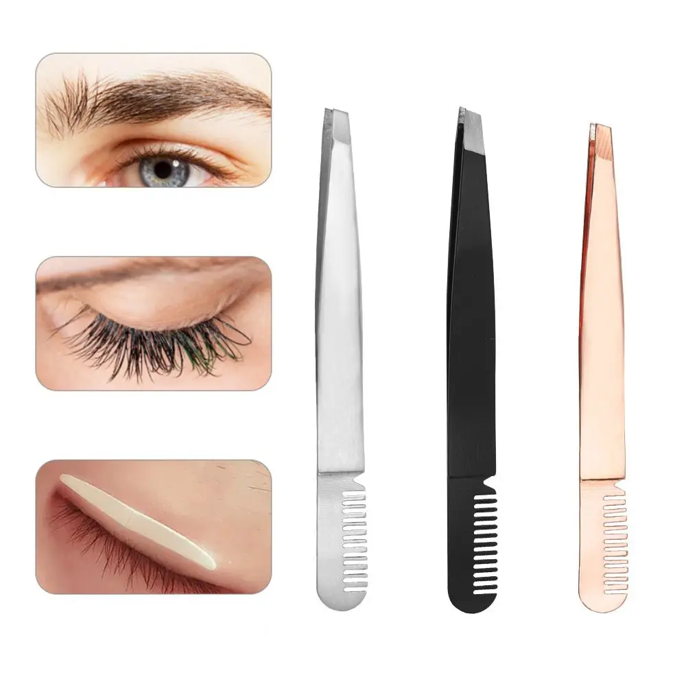 Steel Multifunctional Eyebrow Tweezers with Comb Eyelashes Extension Clip Double Eyelid Stickers Pliers Nail Rhinestones Picker