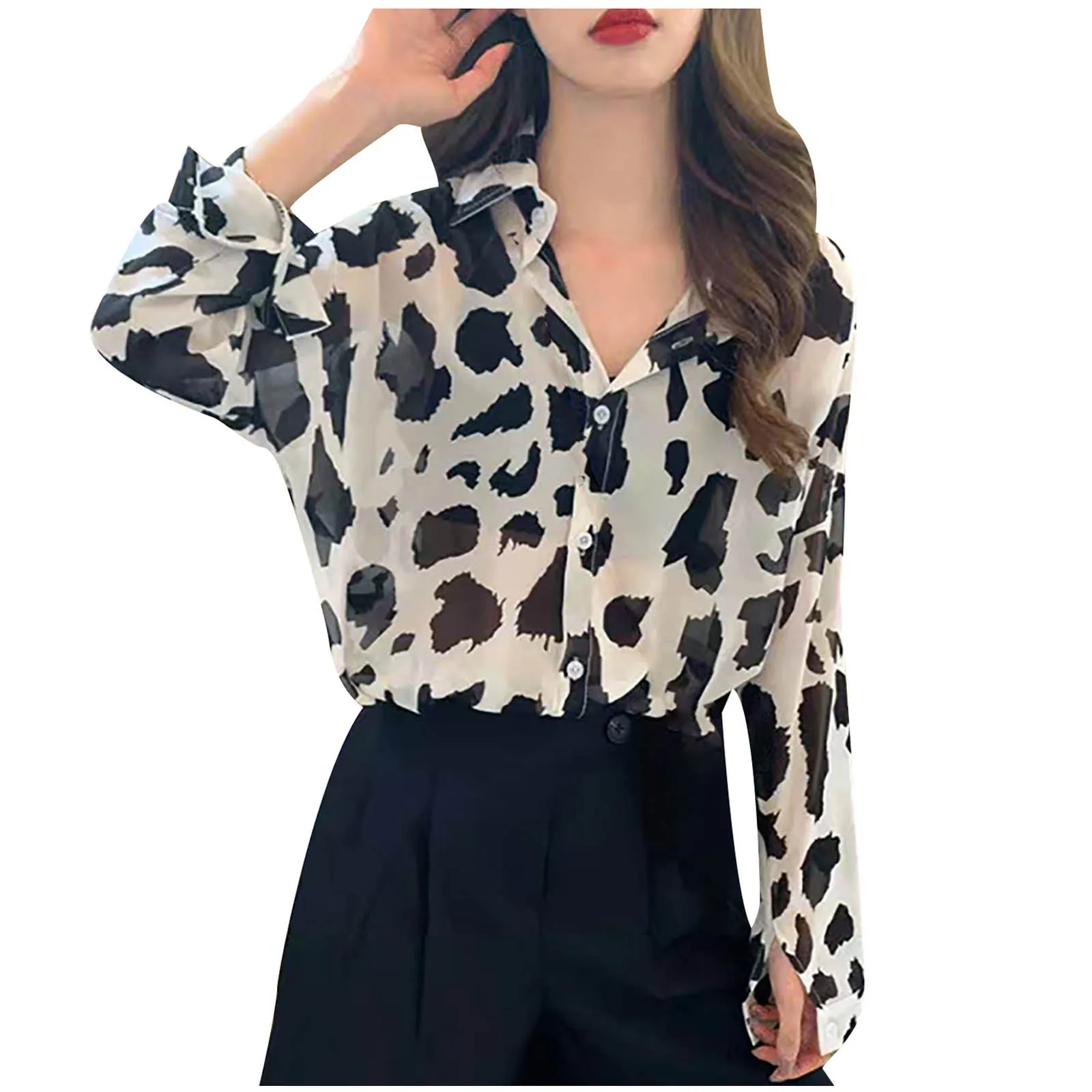 Fashion Button Leopard Print Tops Shirts Turn-down Collar Long Sleeve Sexy Thin Style Breathable Women Blouses Женский Пуловер 3