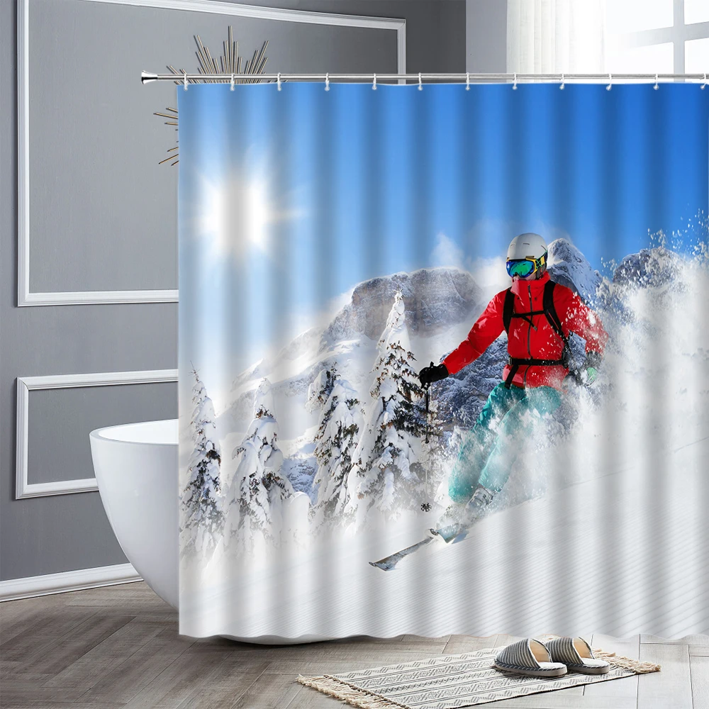 Ski Extreme Sports Shower Curtains Mountain Cedar Snow Scene Printing Fabric Home Wall Decor Bathtub Partition Bathroom Curtain