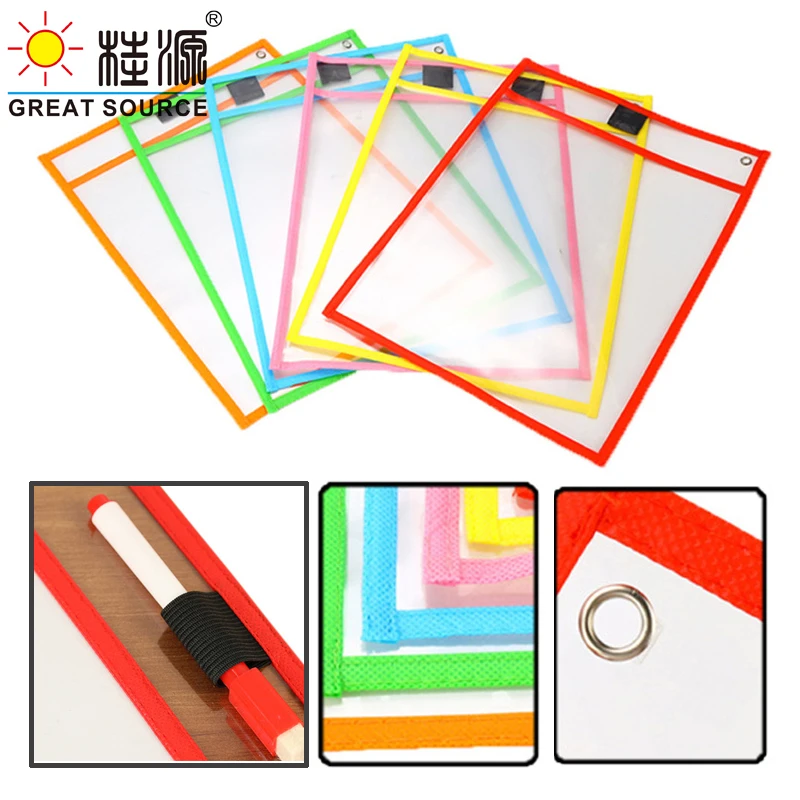 MQQ Dry Erasabl  Pockets Transparent Write PET Reusable Wipe Drawing Bag File Pocket Color Pens For Kids Dooble(2Sets)