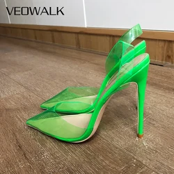 Veowalk Summer Women Green Soft PVC Transparent Pointy Toe Slingback Stiletto Pumps Ladies High Heel Sandals Shoes Size 43 44 45