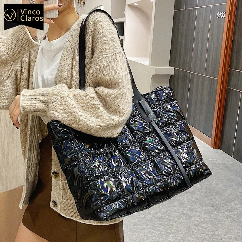 Fashion Laser Bright Surface Cotton Pillow Bag Women Large Casual Tote Luxury Handbags Designer Shopper Shoulder Bag 2022 Trend