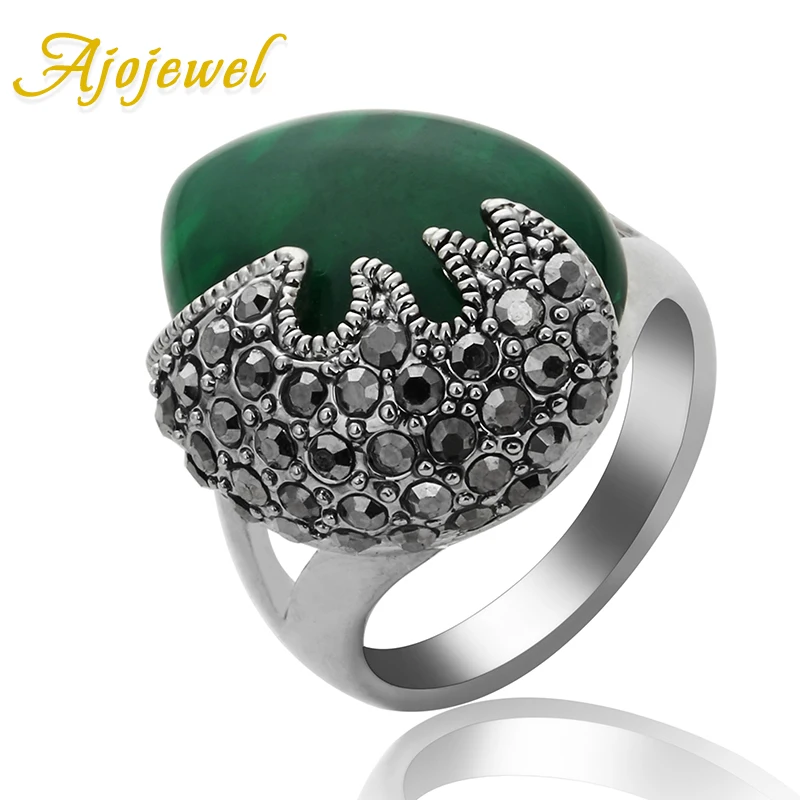 Ajojewel Vintage Black Rhinestone Women Ring Green Resin Stone Jewelry Anelli Donna