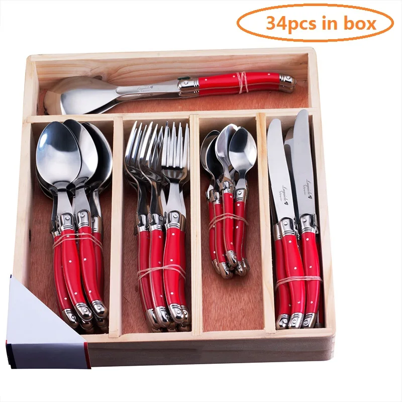 34pcs Laguiole Style Dinnerware set Black Red Rainbow Cutlery Xmas Gift Stainless Steel Steak Knives Fork Salad Spoon Teaspoon