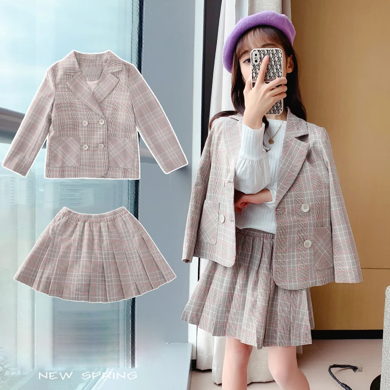 

Teenage Girls Clothing Set Girls WeddingSuits Double Breasted Blazer + Skirt School Uniform Girls Tracksuit Kids Clothes 4-14Yrs