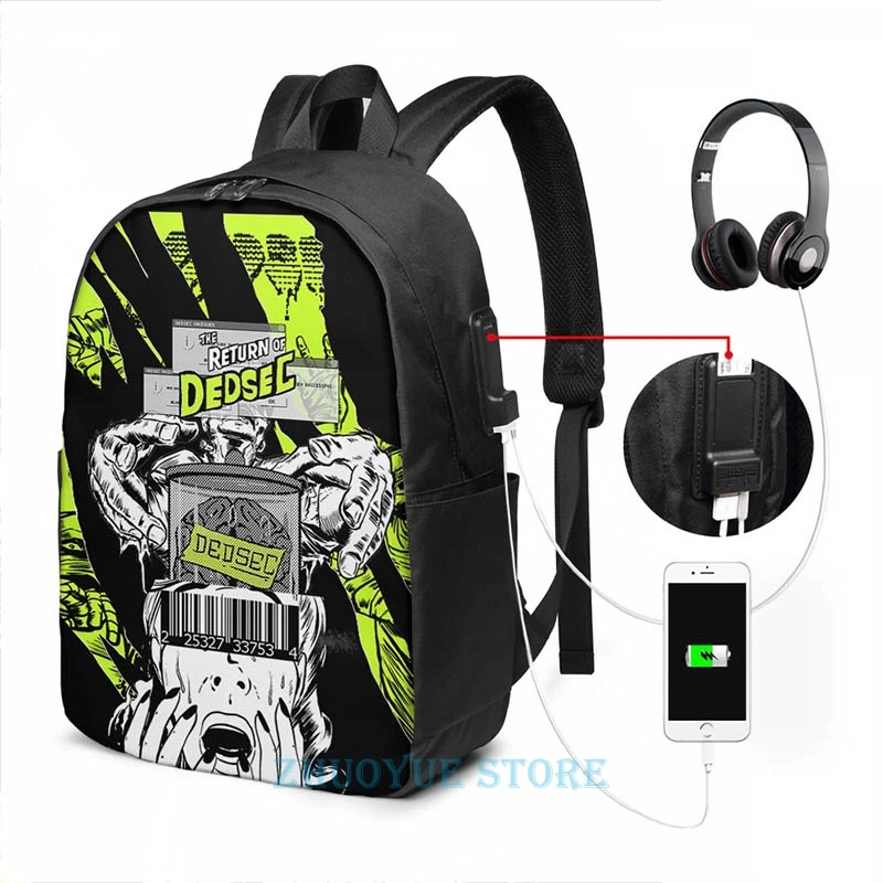 Funny Graphic print Dedsec Shirt Design 1 USB Charge Backpack men School bags Women bag Travel laptop bag