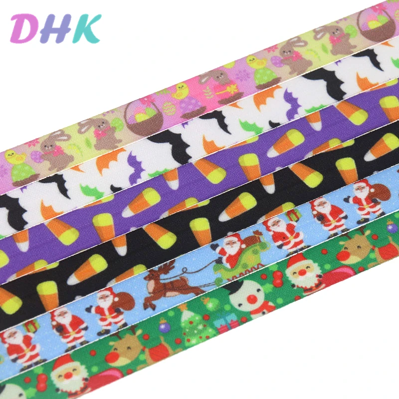 DHK 5/8'' 5yards christmas easter halloween printed Fold Elastic FOE stretch ribbon hairbow headwear headband DIY OEM C1767