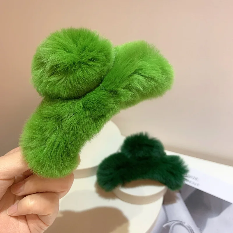 Lazy casualretro temperament fennel green simple pure color soft waxy fluffy rabbit hair clip shark clip autumnwinter catch clip