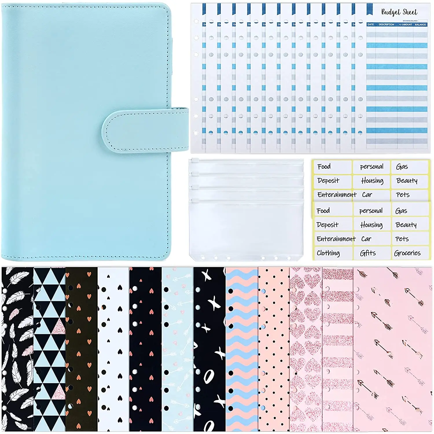 31 Pieces PU Leather Budget Binder Cash Envelope System with 12PCS Budget Money Envelopes and Expense Sheets, 4 Binder Pockets