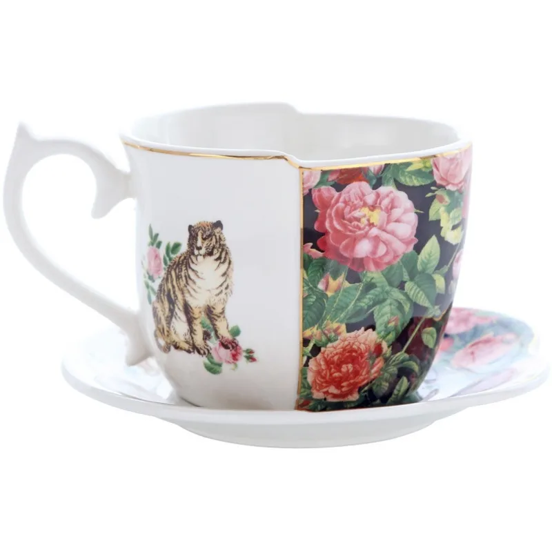 

European Luxury Tiger Rose Irregular Ceramic Coffee Cup Afternoon Cup And Dish Set