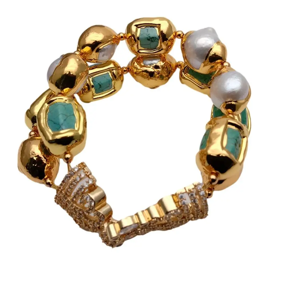 KKGEM  Luxury style 13x20mm Green Turquoise nugget White Freshwater Pearl With Electroplated Edge Bracelet