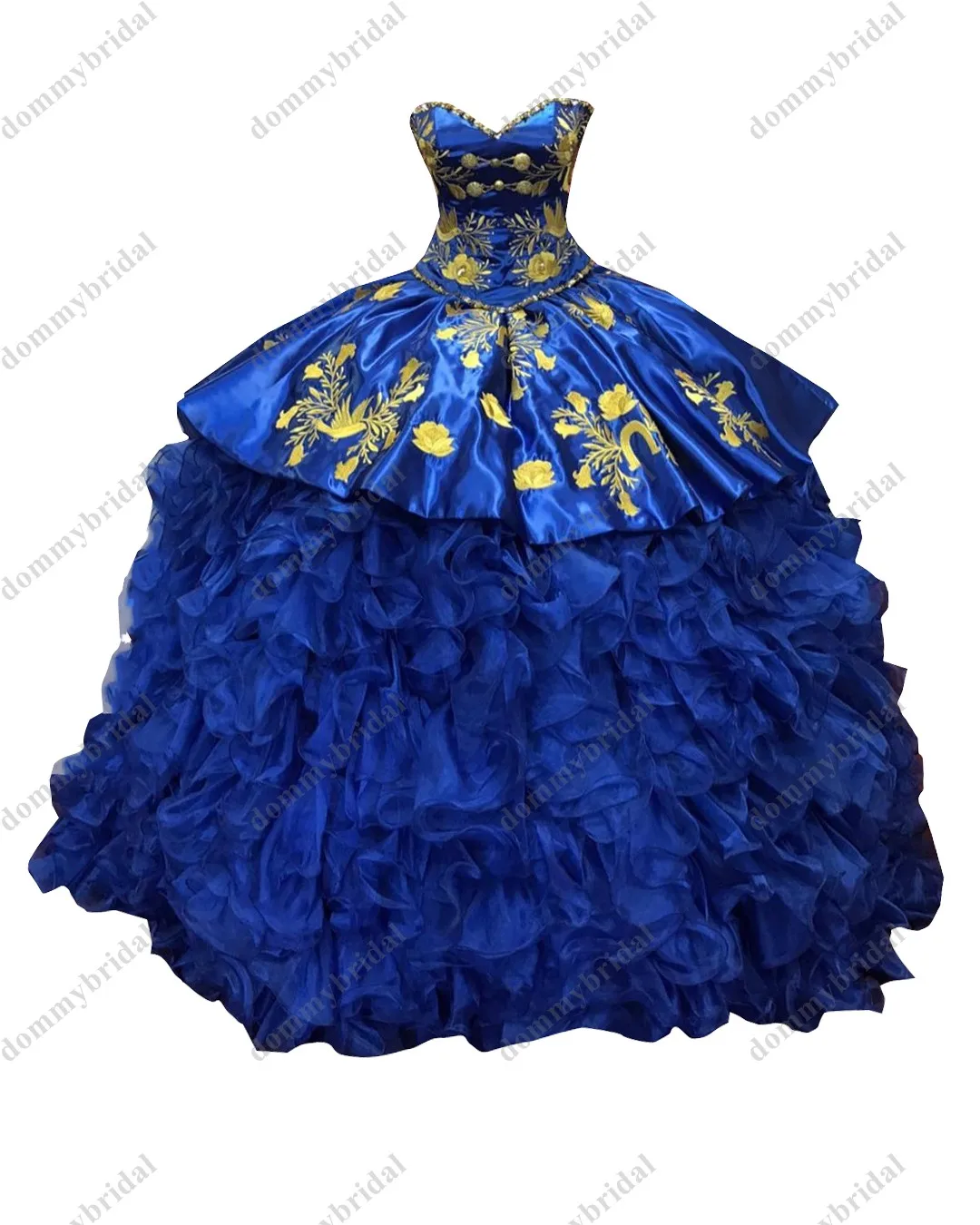 Gaun Quinceanera Murah Biru Mewah Bordir Emas Cantik 2021 Gaun Kristal Ruched Tanpa Tali Meksiko Charro De 15 Anos XV