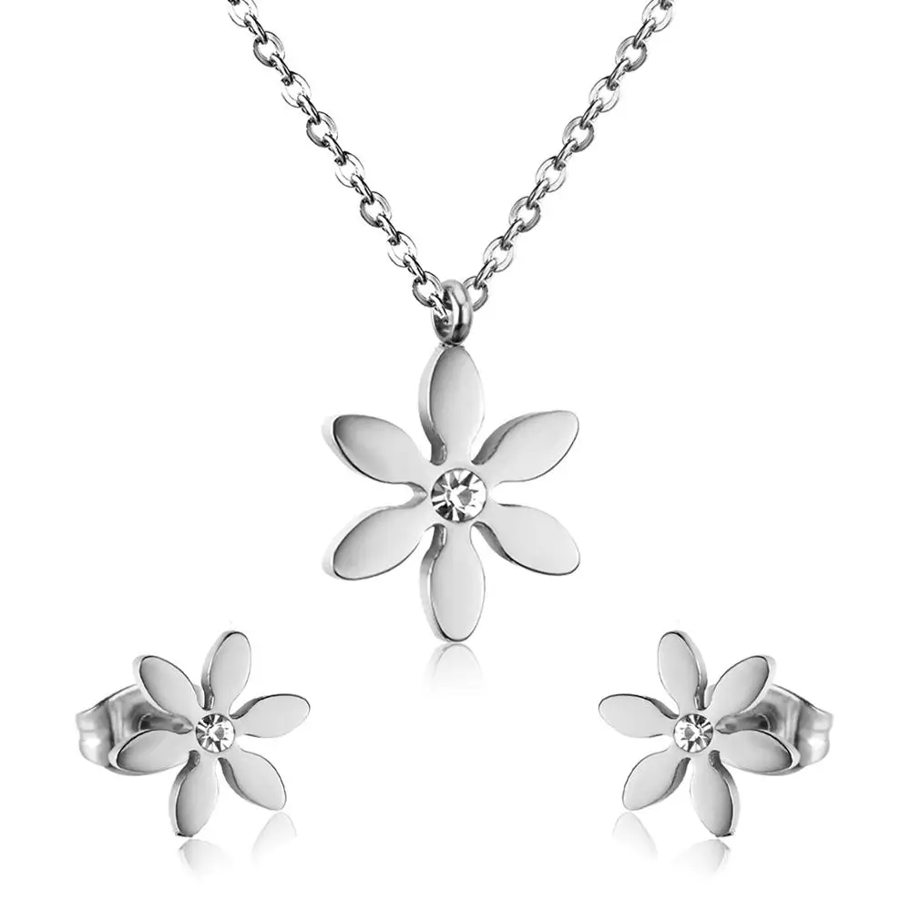 豪華なスチールのウェディングジュエリーセット,花の形をしたペンダント,キュービックジルコニアのイヤリング,ゴールドカラー,ブライダルパーティー