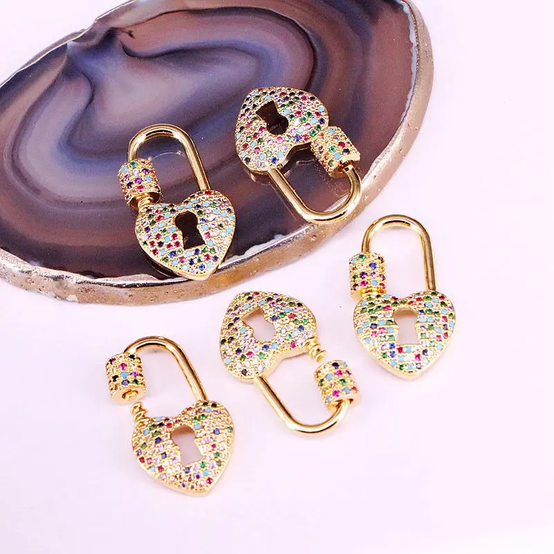 6PCS, Rainbow CZ Micro Pave Crystal Zirconia Fashion Clasp Heart Shaped Lock Carabiner Pave Lock Accessories