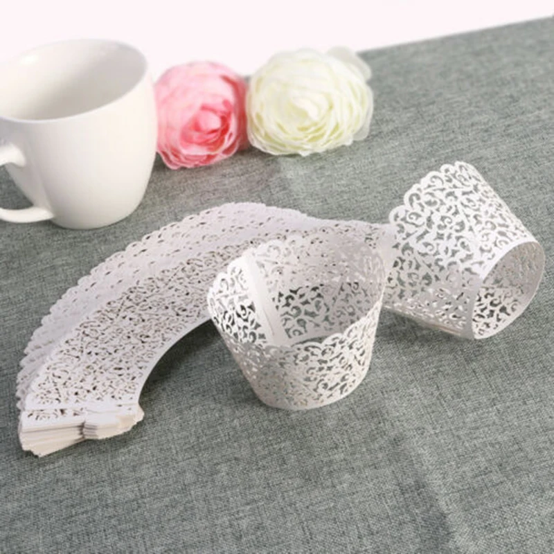 50 Pcs Lace  Filigree Cupcake Wrapper Party Wedding Birthday Gift Cake Borders