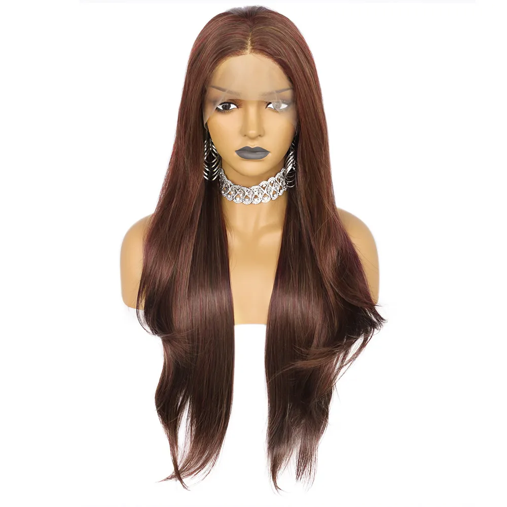 30Inches 13*4 Light Lace Front Wigs Brown Straight Hair with Transparent Heat Resistant Fiber Synthetic for Black Girls Women