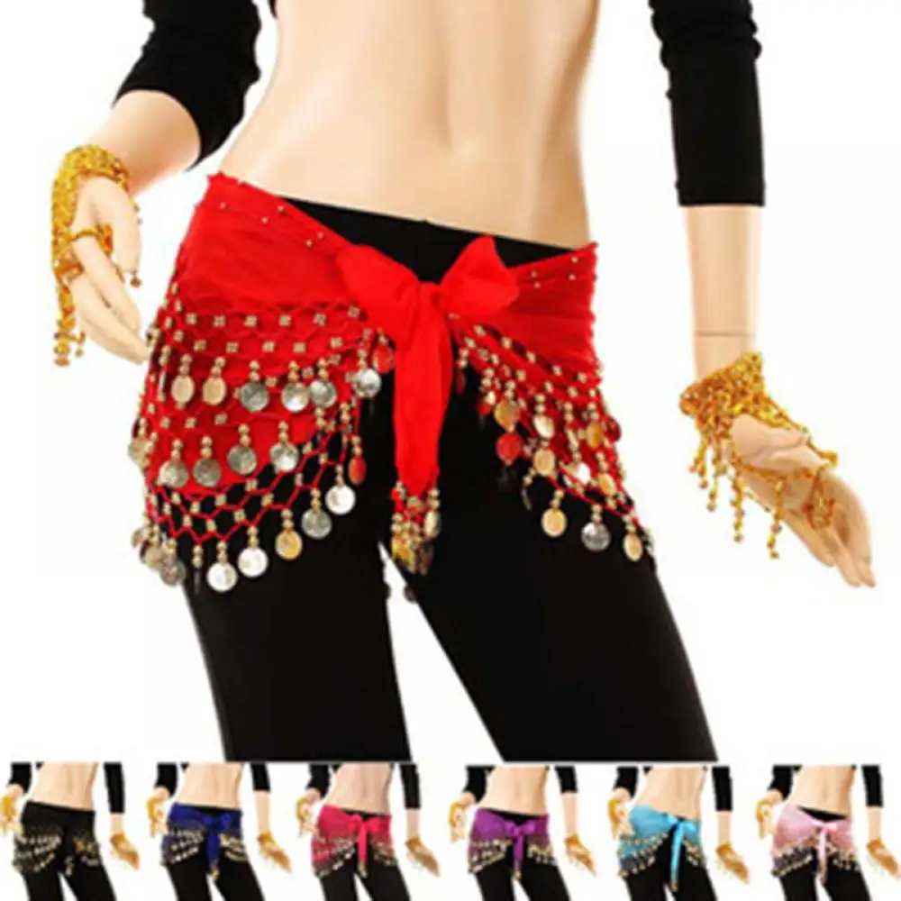 Lady Women Belly Dance Hip Scarf Accessories 3 Row Belt Skirt With Gold bellydance Tone Coins Waist Chain Wrap Adult Dance Wear