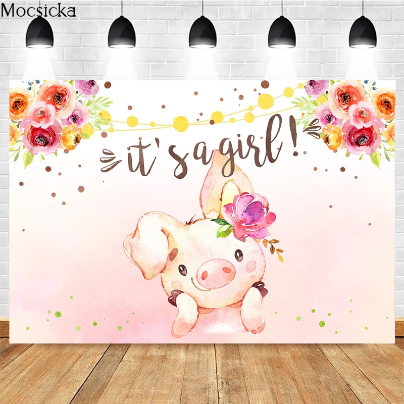 

Mocsicka This Girl Photography Background Pink Piggy Flowers Decoration Props Baby Shower Birthday Party Photo Backdrop Banner