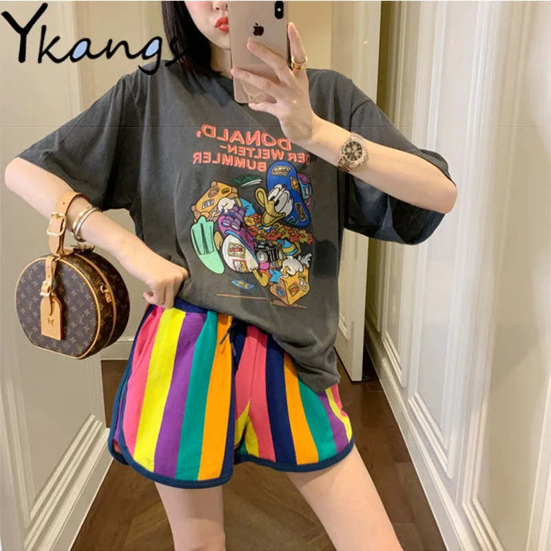 Rainbow Striped Print Multicolor Casual Aesthetic Street Shorts Women Korean Goth Hip Hop Baggy Elastic High Waist Shorts Female